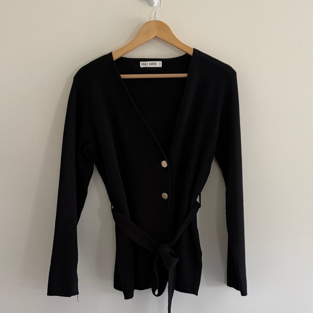 Grace Karin Black Cardigan Sweater with Belt